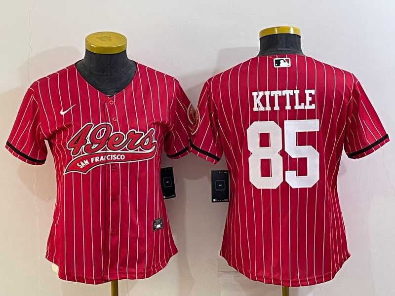 Womens San Francisco 49ers #85 George Kittle Red Pinstripe With Patch Cool Base Stitched Baseball Jersey